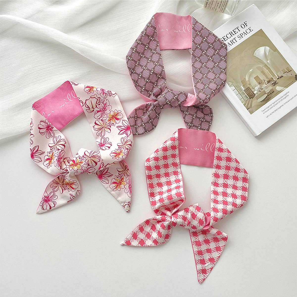 PINK FLORAL SKINNY SCARF HAIR TIE BAG RIBBON_CWASC0708