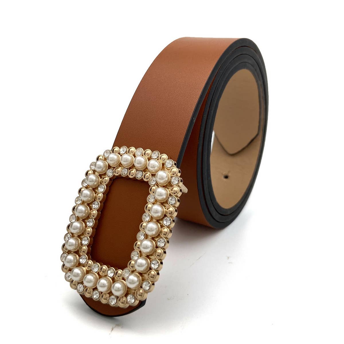 Women Round Diamond Pearl Buckle Belt For Jeans_Cwabe0130