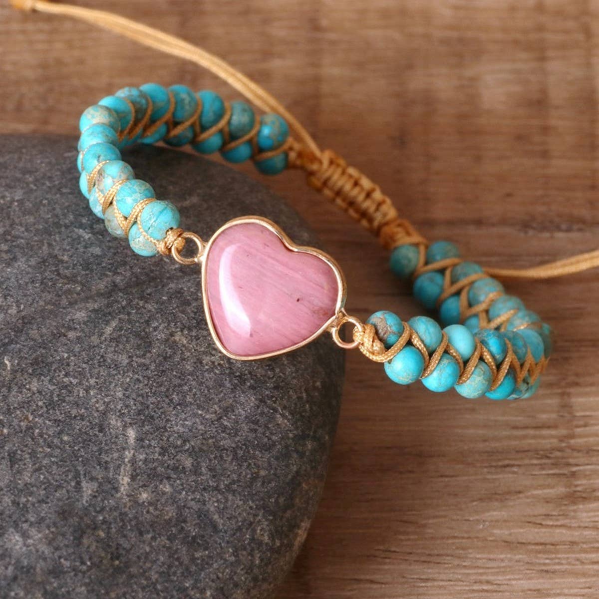 HEART SHAPED RHODONITE BRAIDED FRIENDSHIP BRACELET_CWAJE3956
