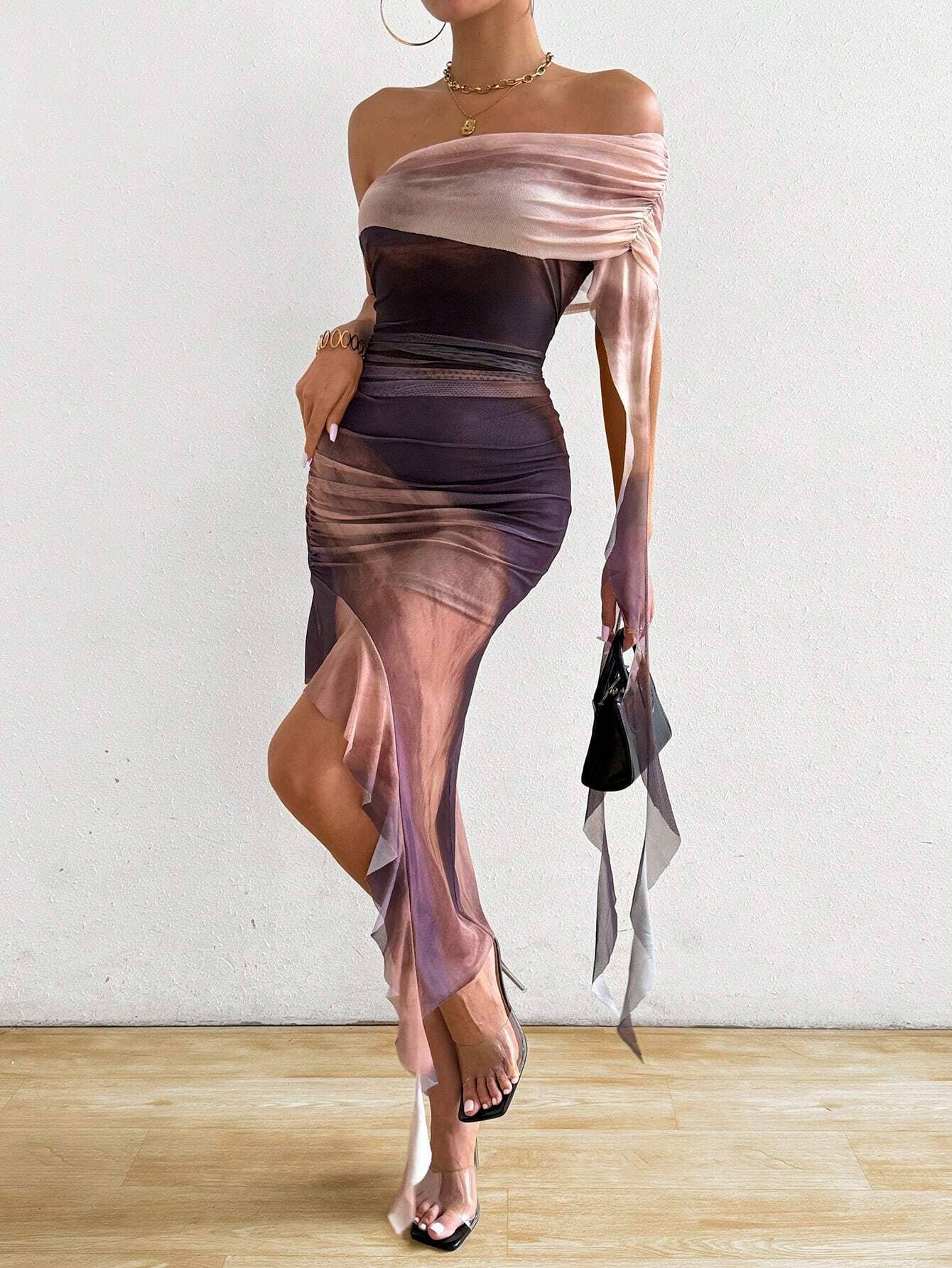 Womens Ruched Strapless Split Mesh Ruffle Dress