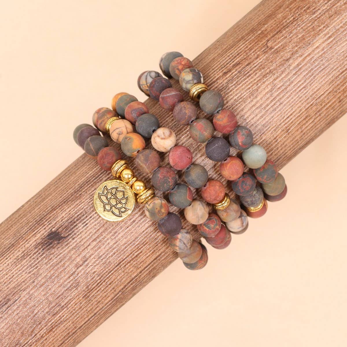 108 LOTUS PENDANT PICASSO STONE BEADED BRACELET_CWAJE3949