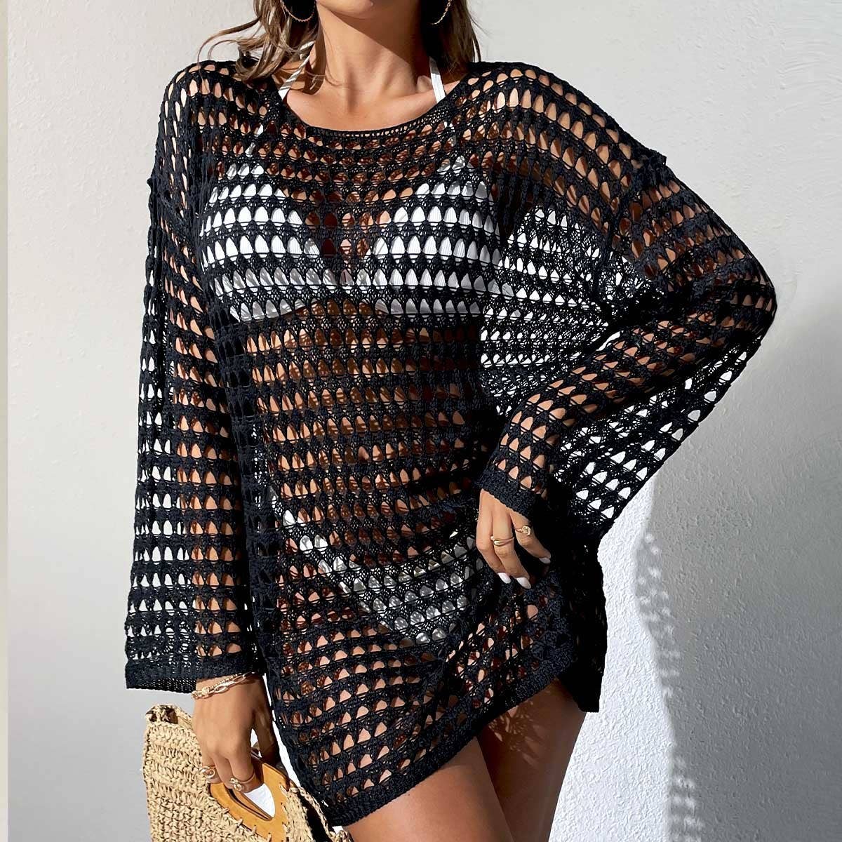 ROUND NECK LONG SLEEVE CUTOUT BIKINI COVER UP_CWMW0651