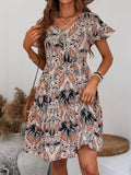 V-Neck Casual Holiday Print Lotus Sleeves Dress