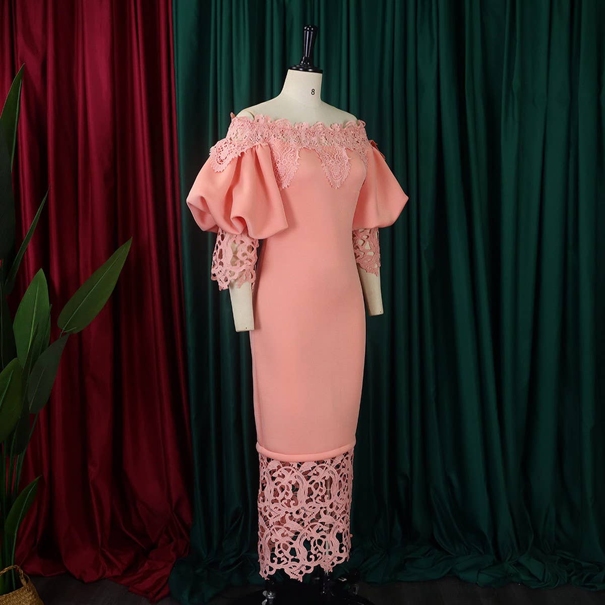 BOAT NECK LACE PATCHWORK LANTERN SLEEVE DRESS_CWDMD3683