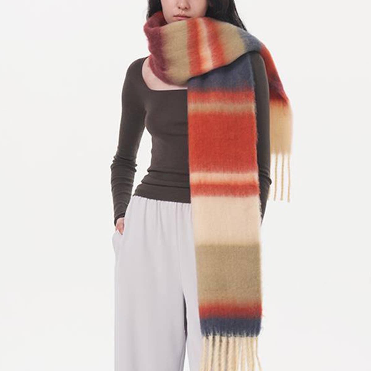 Women Contrasting Striped Fringed Plaid Scarf