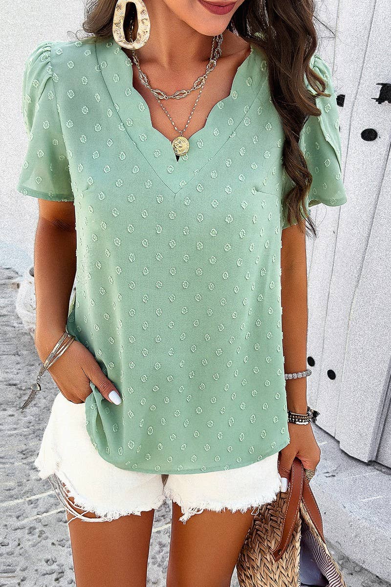 Solid Color V Neck Lotus Sleeve Top_Cwtsts0169