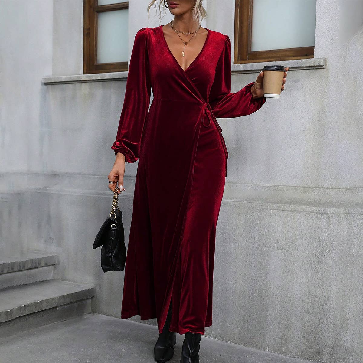 V-Neck Lace-Up Waist Slit Long Velvet Dress
