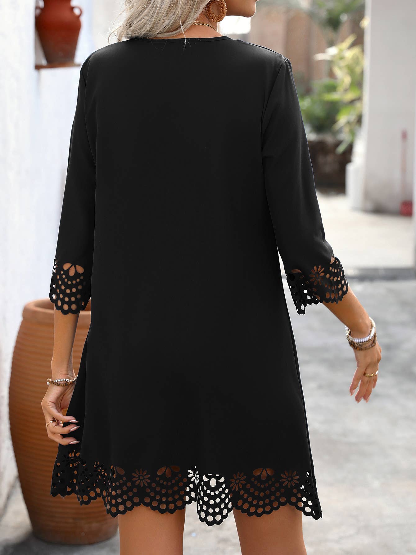 Solid Color V-Neck Burn Half Sleeve A-Line Dress