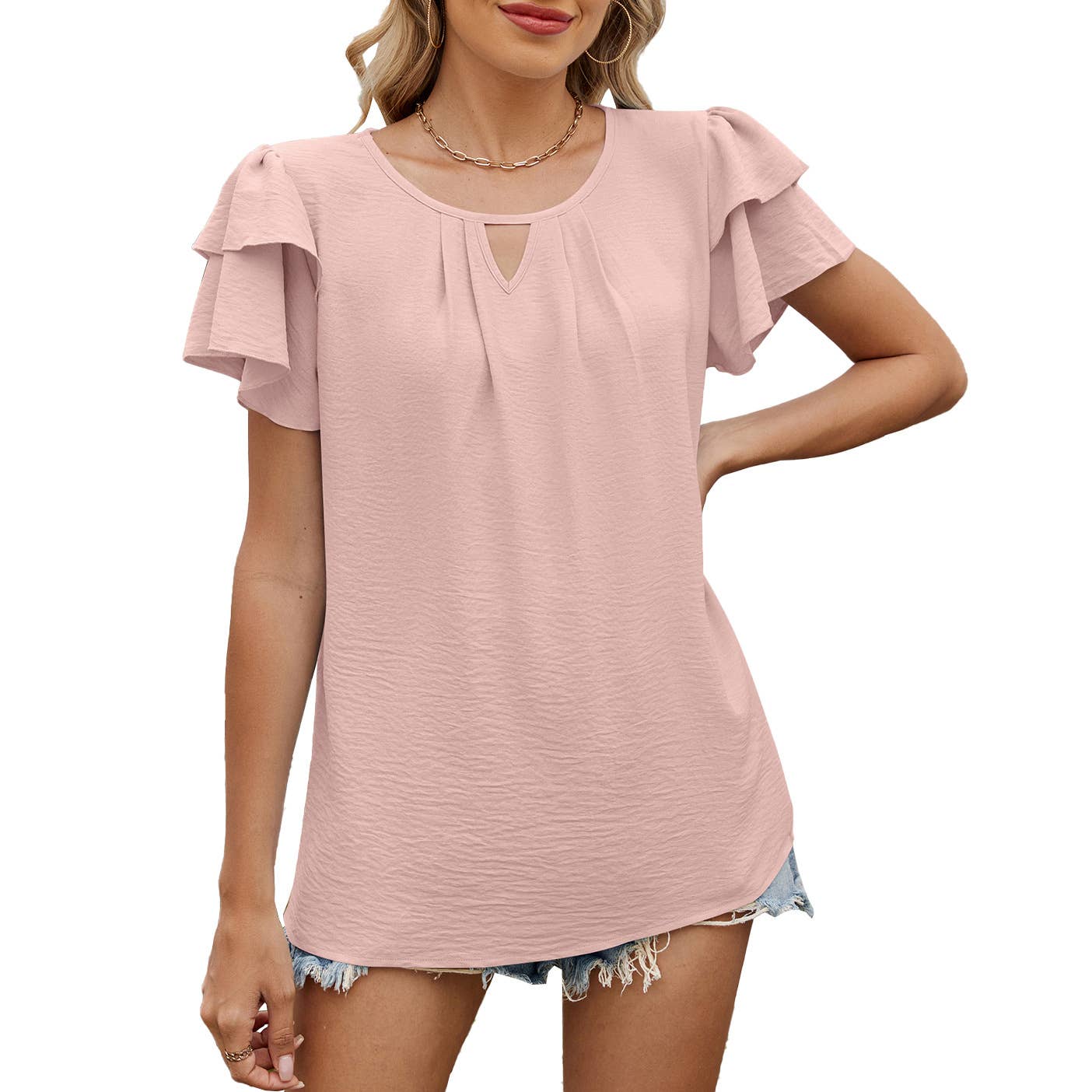V-Neck Cutout Double-Sleeved Chiffon T-Shirt