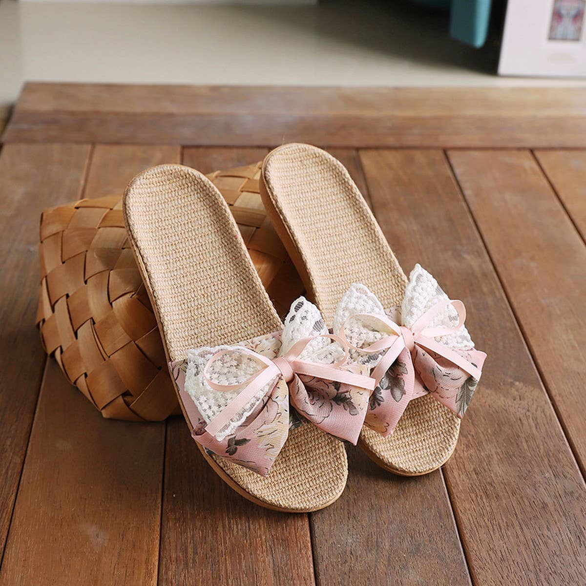 CUTE BOW LINEN SLIPPERS FOR HOME OFFICE_CWSHF0193