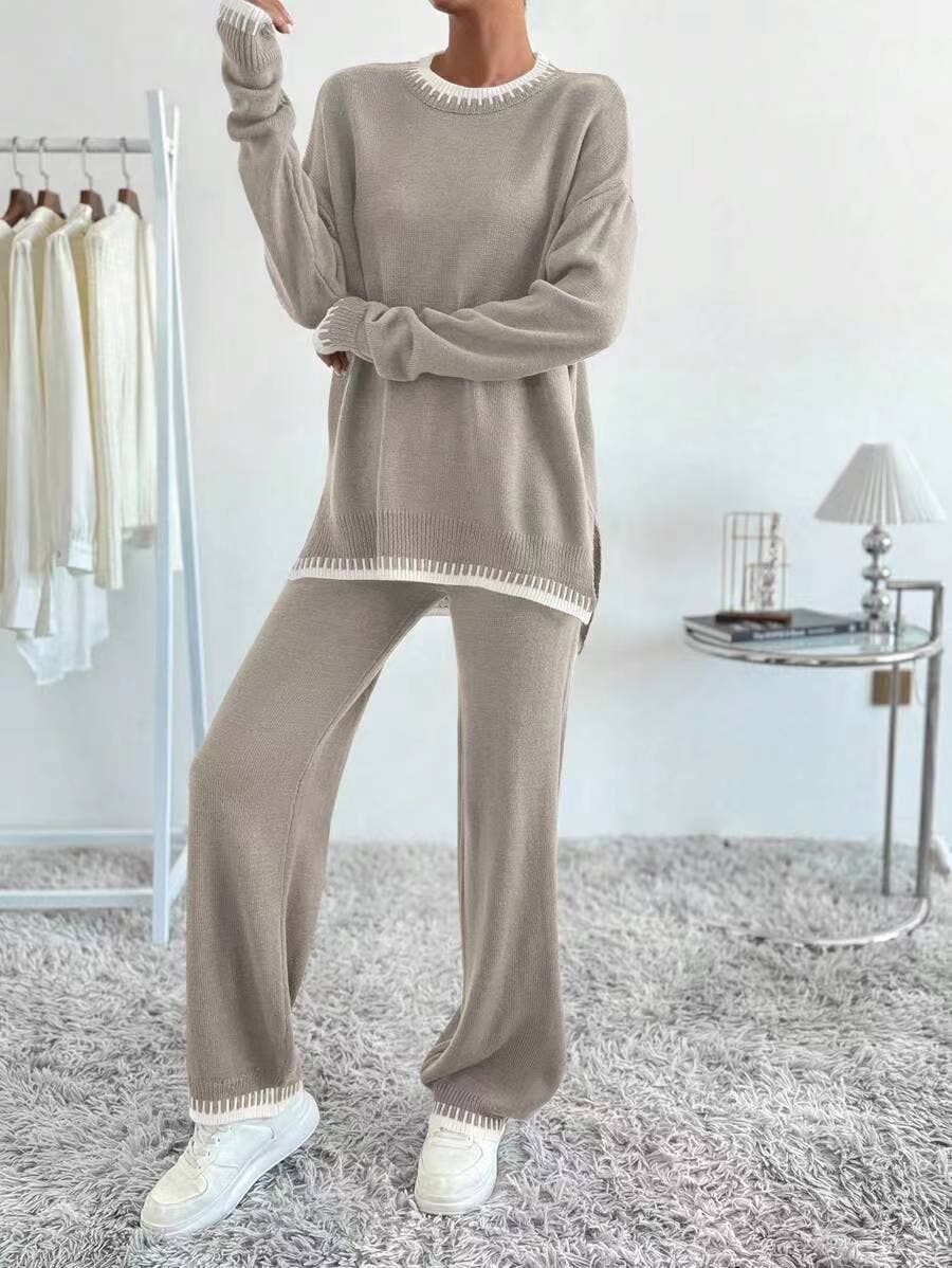Two-Piece Of Color-Blocking Sweater And Trousers