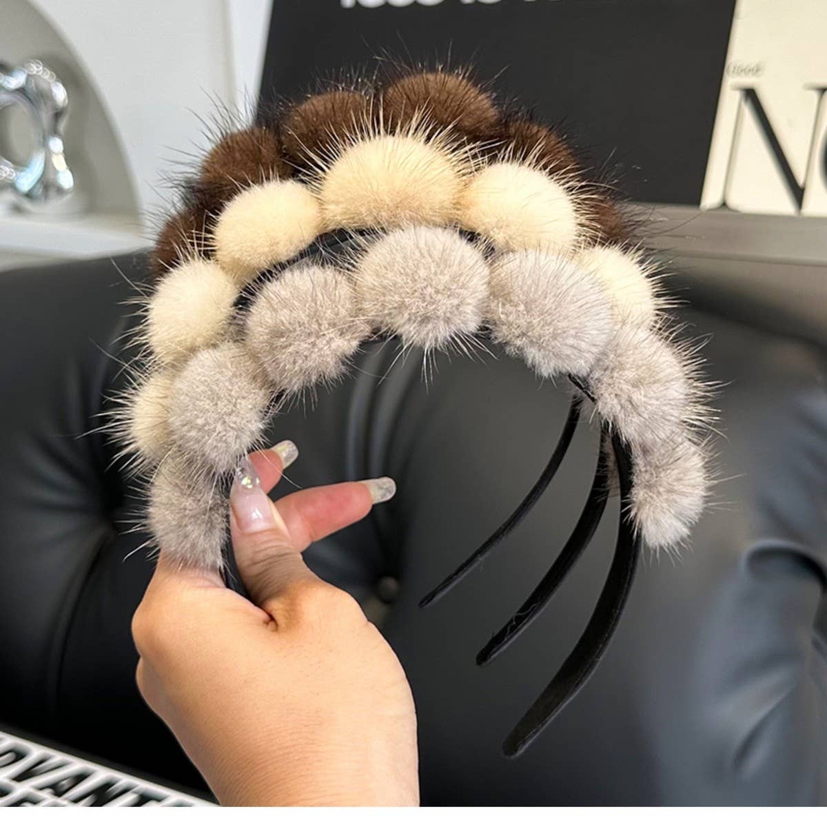 CUTE REAL MINK FUR BALL HEADBAND FUR HEADDRESS_CWMM2529