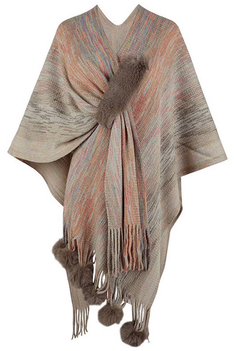 Cwocas0051_Contrast Color Pompom Tassel Knitted Shawl