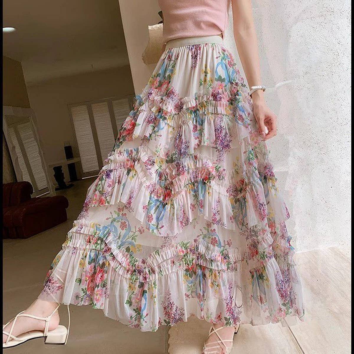 COLORFUL FLORAL MESH PRINT PLEATED TULLE SKIRT_CWBLS0399