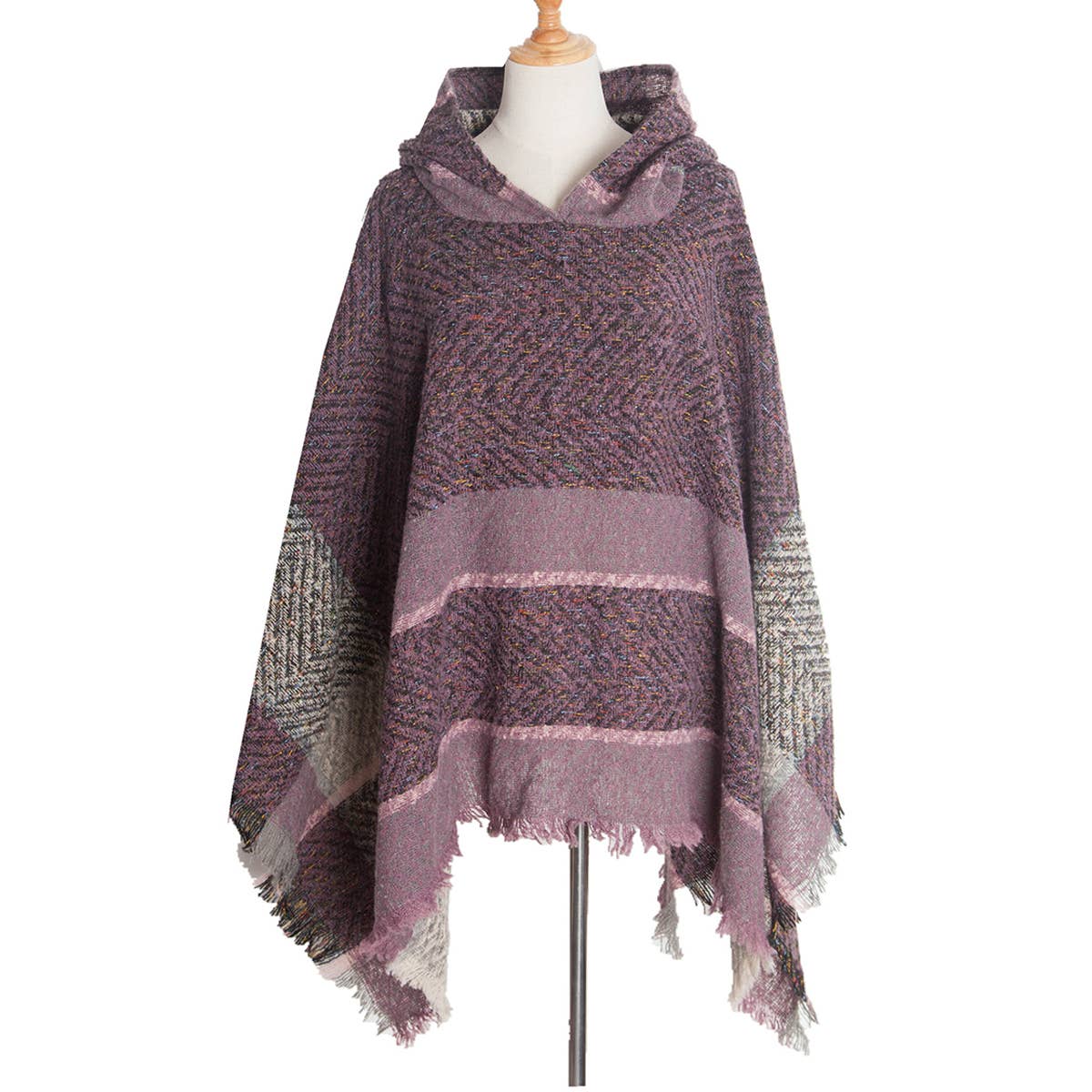 Women Herringbone Pattern Hooded Shawl_Cwasc1202
