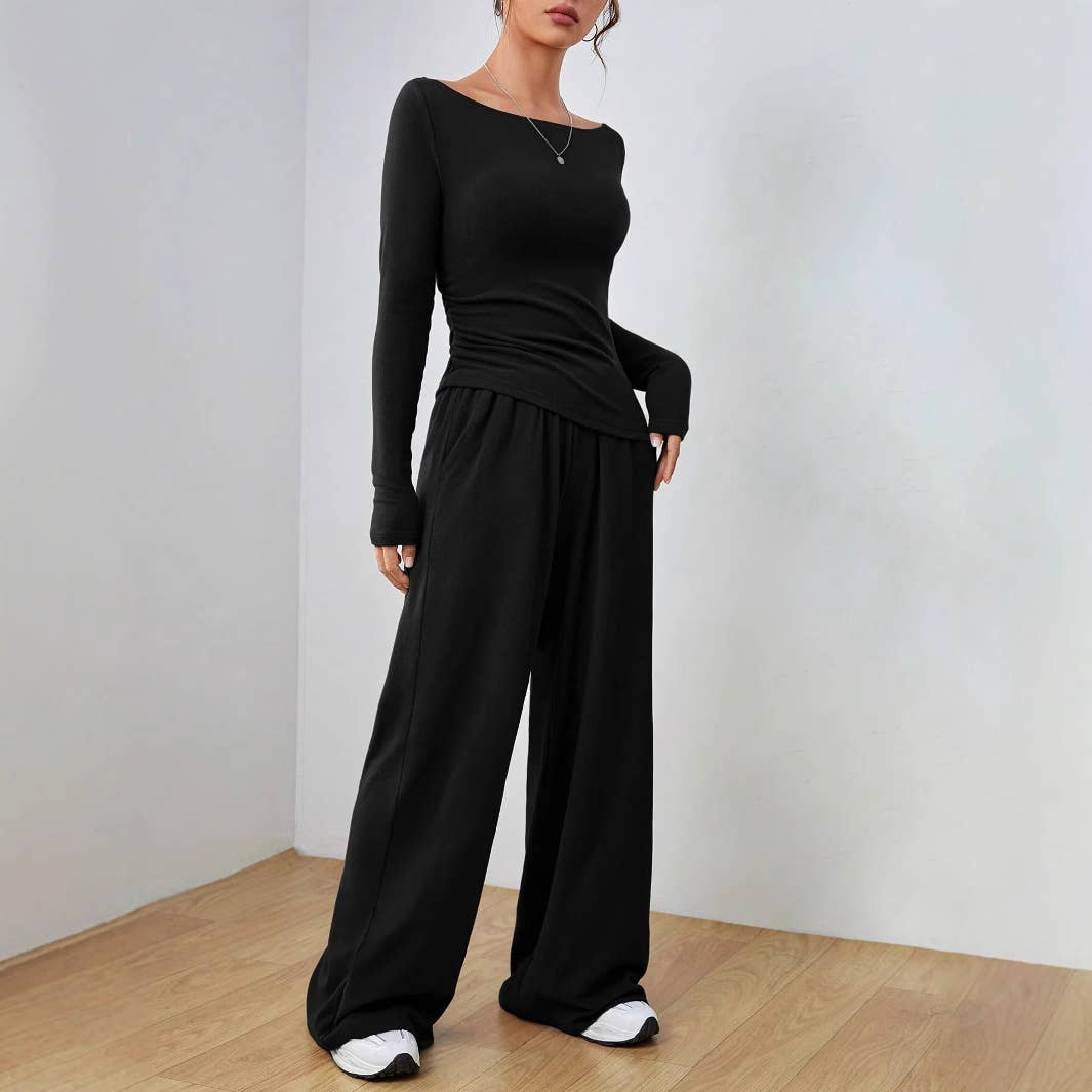 Solid-Color Long-Sleeved Wide-Leg Long Pants Set