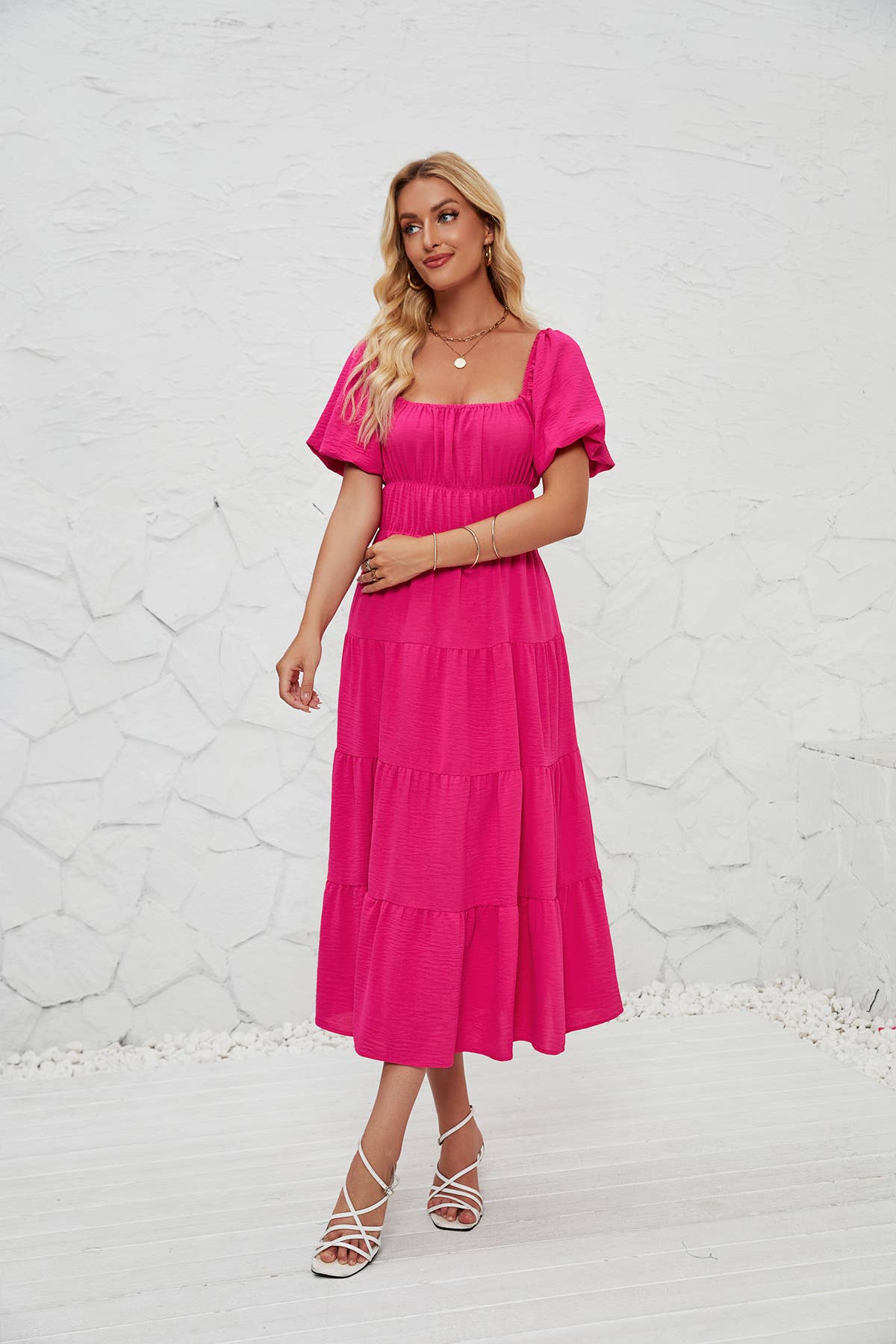 Square-Neck High-Waisted Pleated Dress