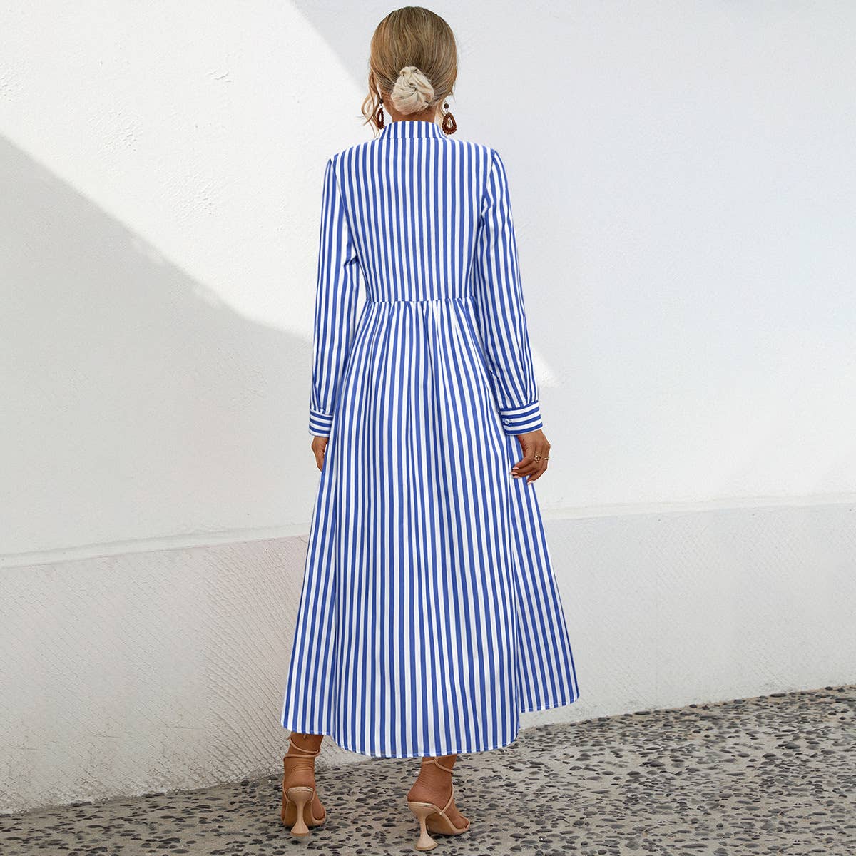 Striped Single-Breasted Long Dress