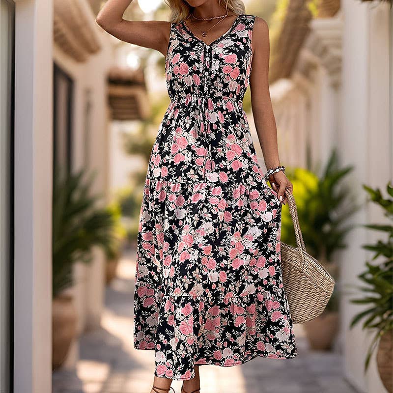 V-Neck Printed High Waist Waist Long Swing Dress