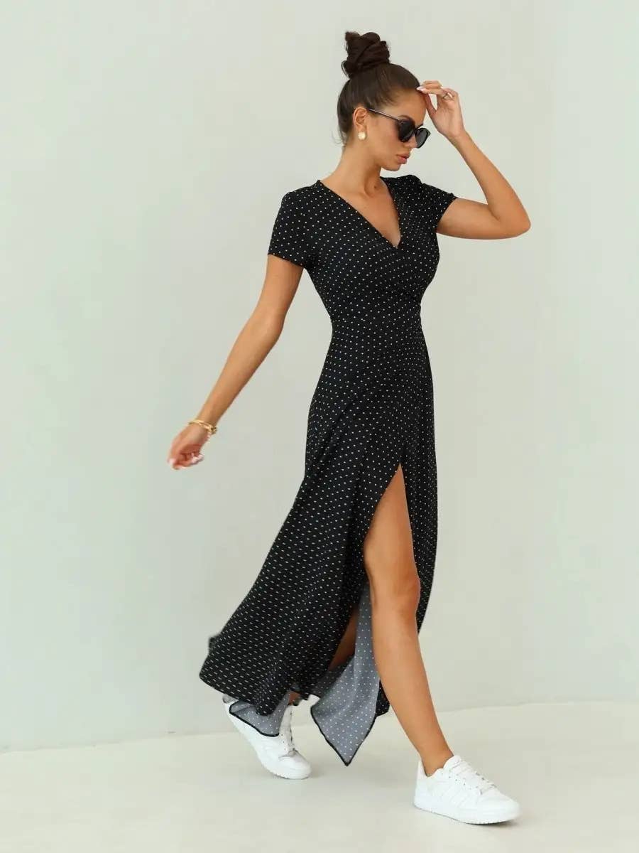 V-Neck Lace-Up Slim Polka Dot Casual Long Dress