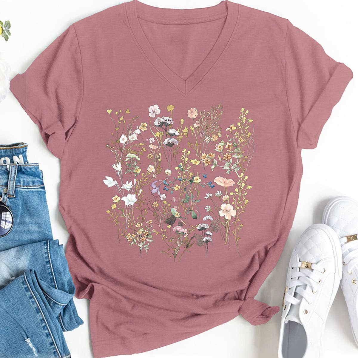 FLORAL V NECK GRAPHIC TEE FOR WOMEN LOOSE FIT_CWTTS1483