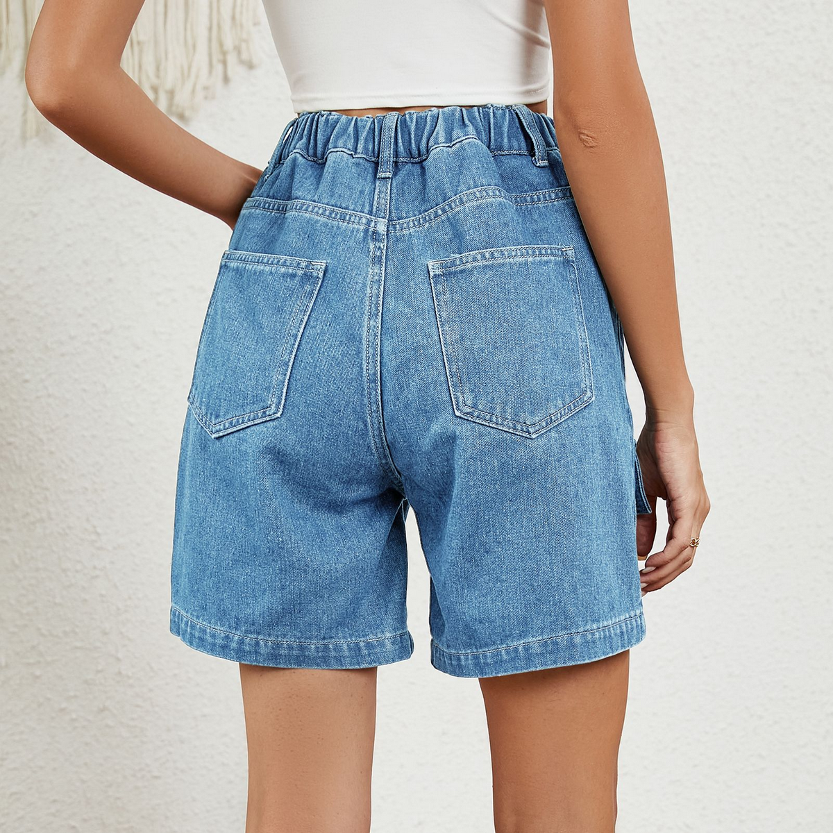 NEW WASHED DENIM CARGO SHORTS STRETCH WAIST_CWJS0333