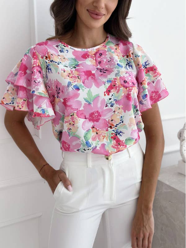 Printed Lotus Sleeve Round Neck Short Sleeve Top
