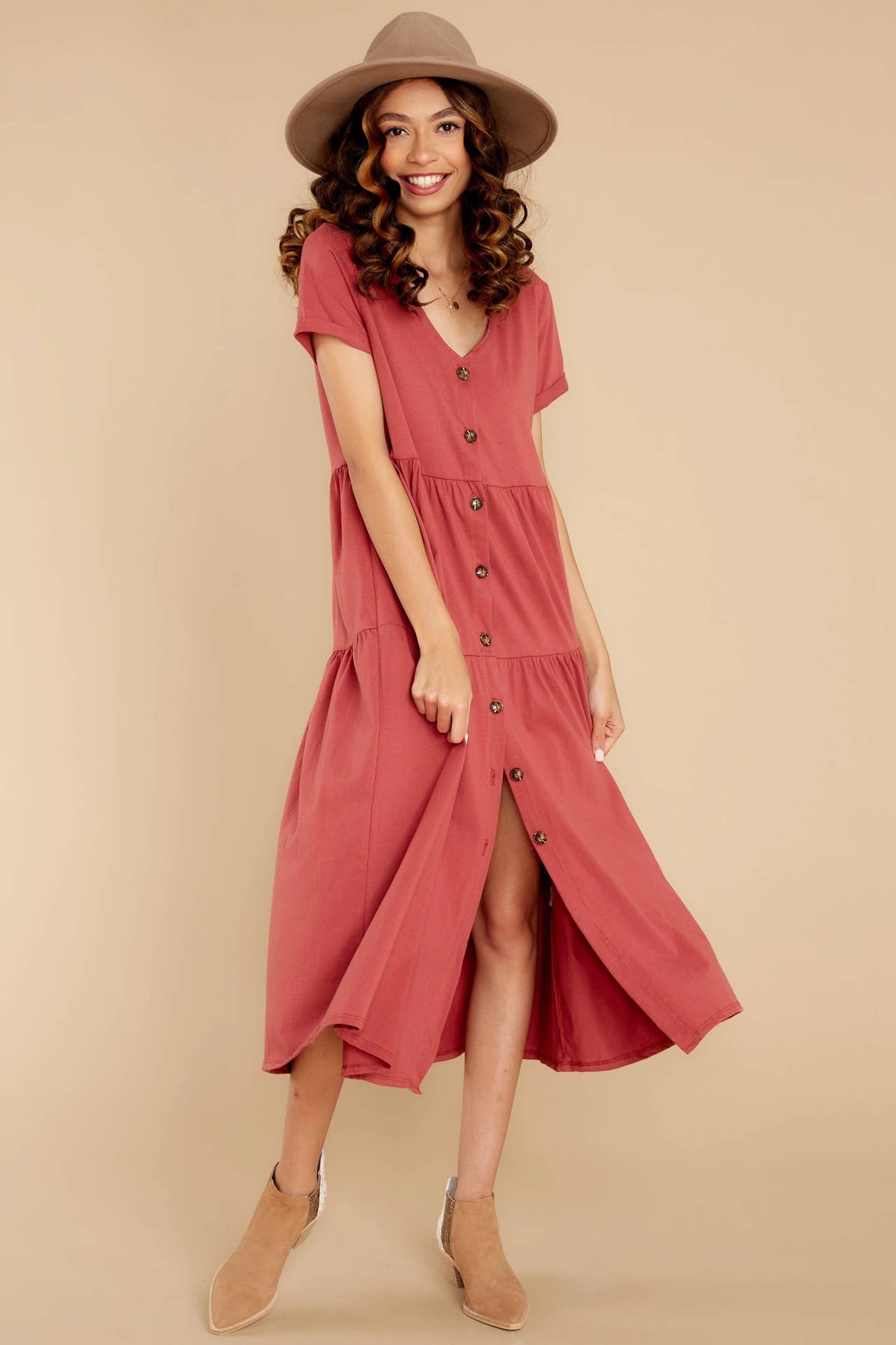 V-Neck Single-Breasted Pleated Loose Long Dress
