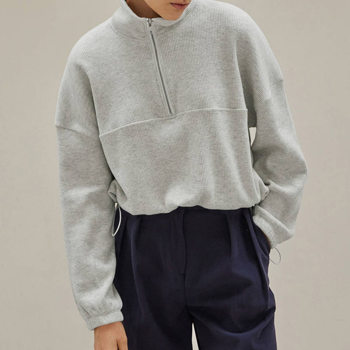 Waffle Zip-Up Polo Neck Pullover Hoodie