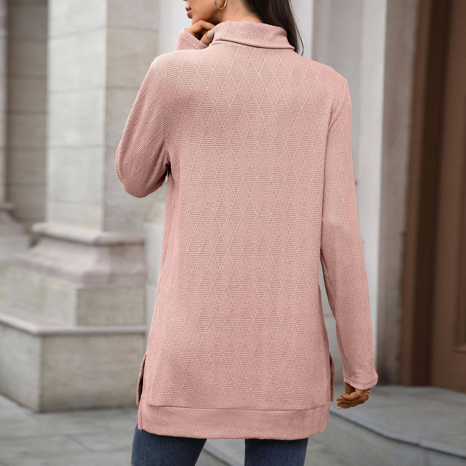 Solid-Color High-Neck Long-Sleeved Slit T-Shirt