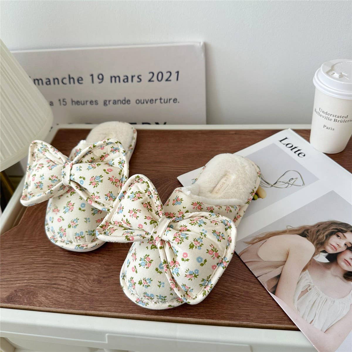 Womens Bowknot Floral Plush Home Slippers_Cwmm2980