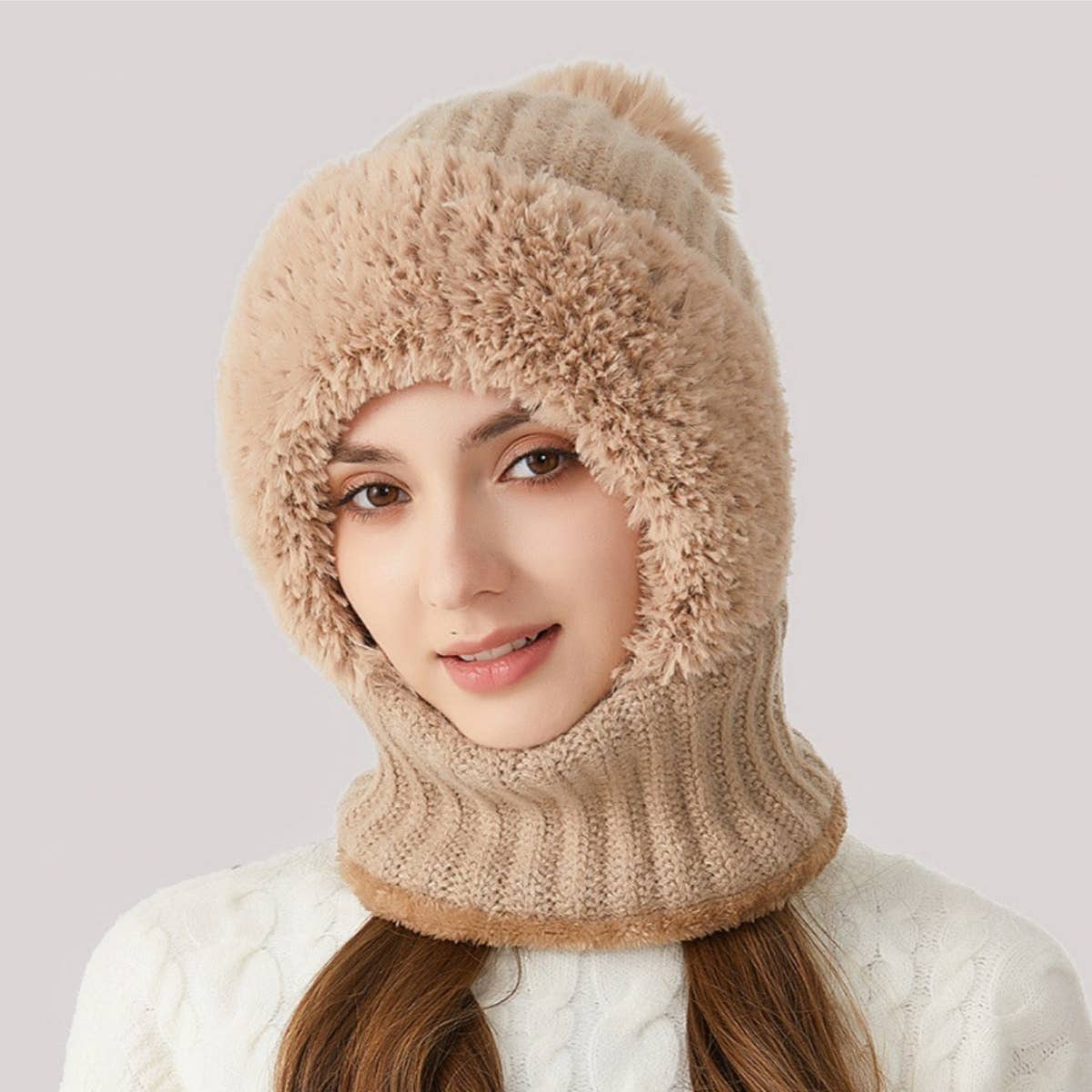 Cwah2211_Knit Thick Fluffy Ball Bib Headpiece
