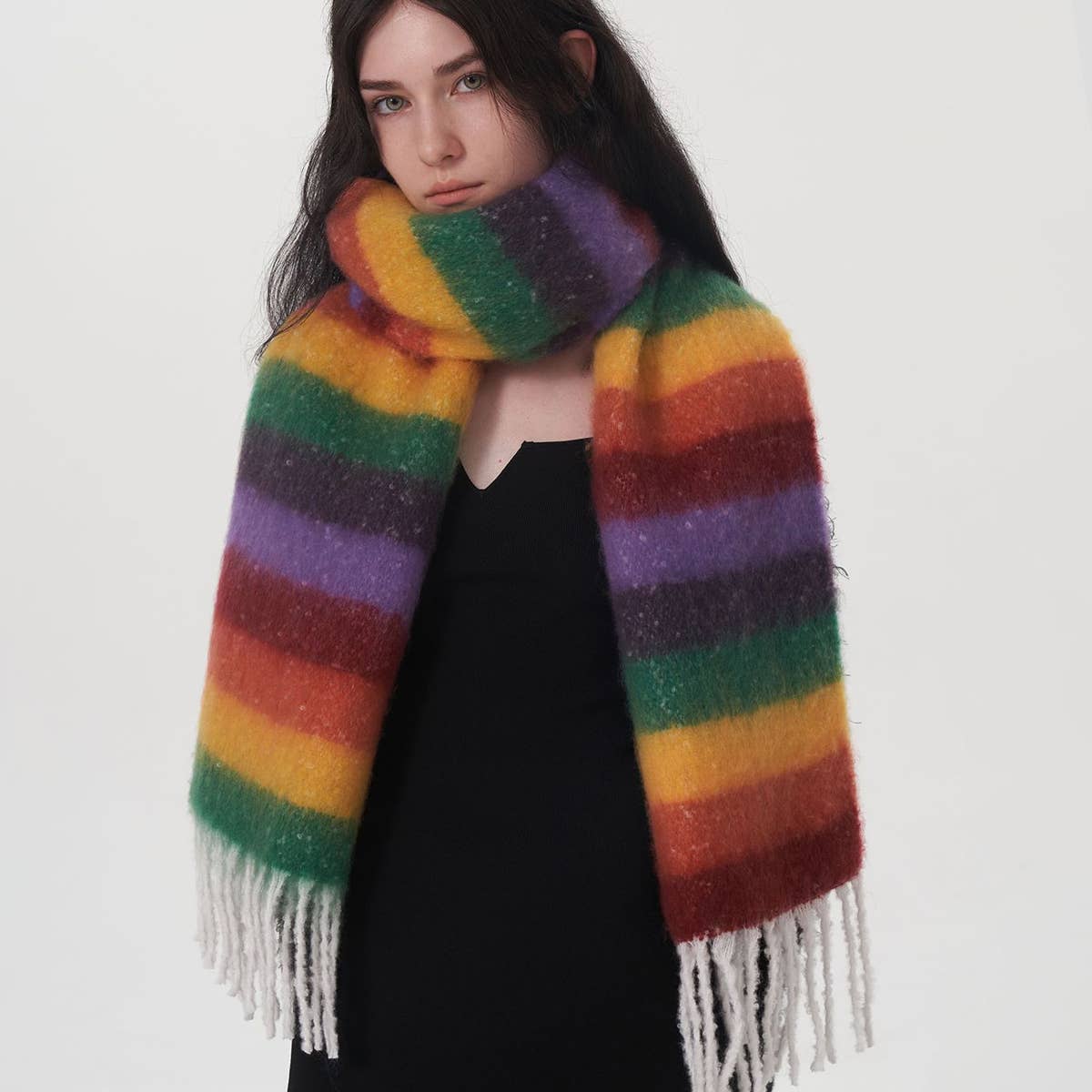 Women Striped Fringed Plaid Scarf