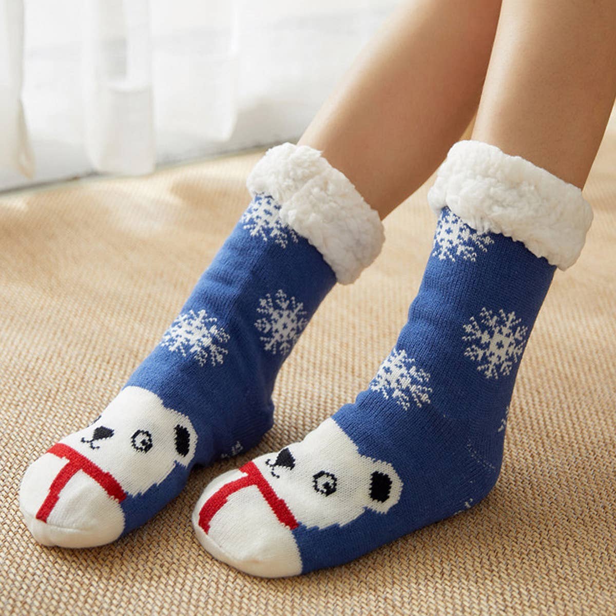 BLUE SCARF BEAR MID TUBE PLUSH INDOOR SLIPPERS_CWMS0736