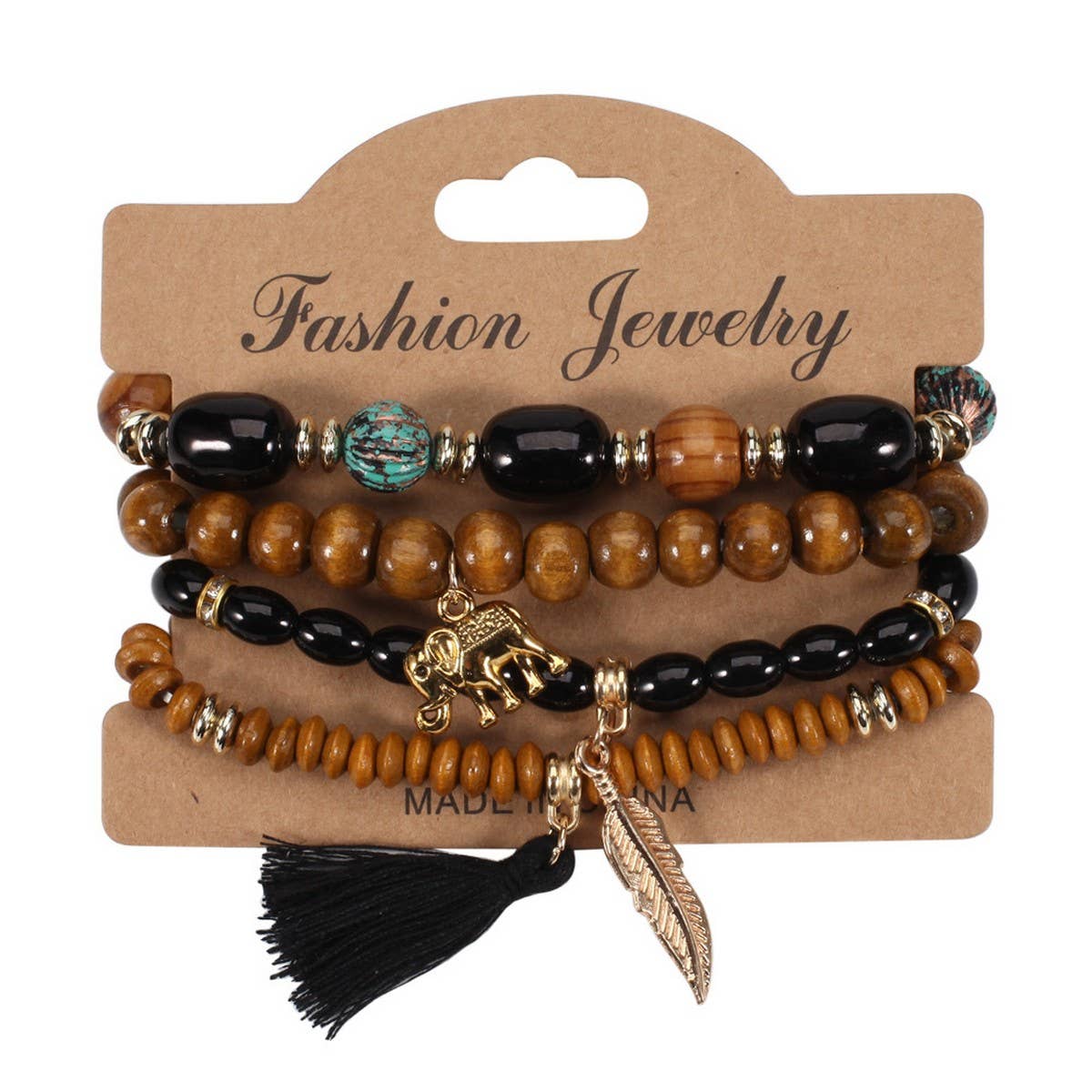 Cwaje05686_Boho Elephant Leaf Tassel Wooden Beaded Bracelet