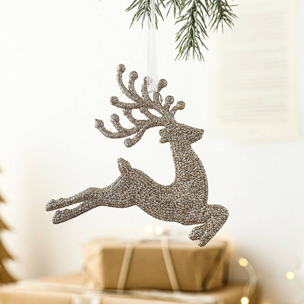CHAMPAGNE GLITTER DEER CHRISTMAS TREE HANGING_CWMM9760