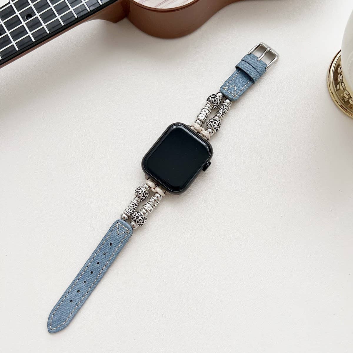 IWATCH9 1 14MM TIBETAN SILVER DENIM LEATHER STRAP_CWASC1544