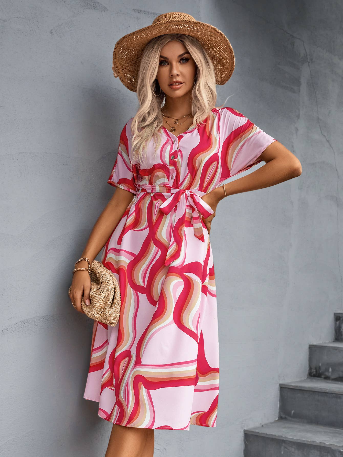 V-Neck Single-Breasted Lace-Up Long Dress