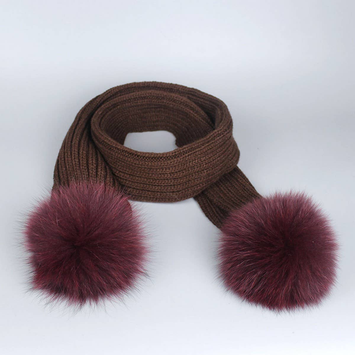 Winter Knit Scarf With Fox Fur Pom Poms_Cwasc03495