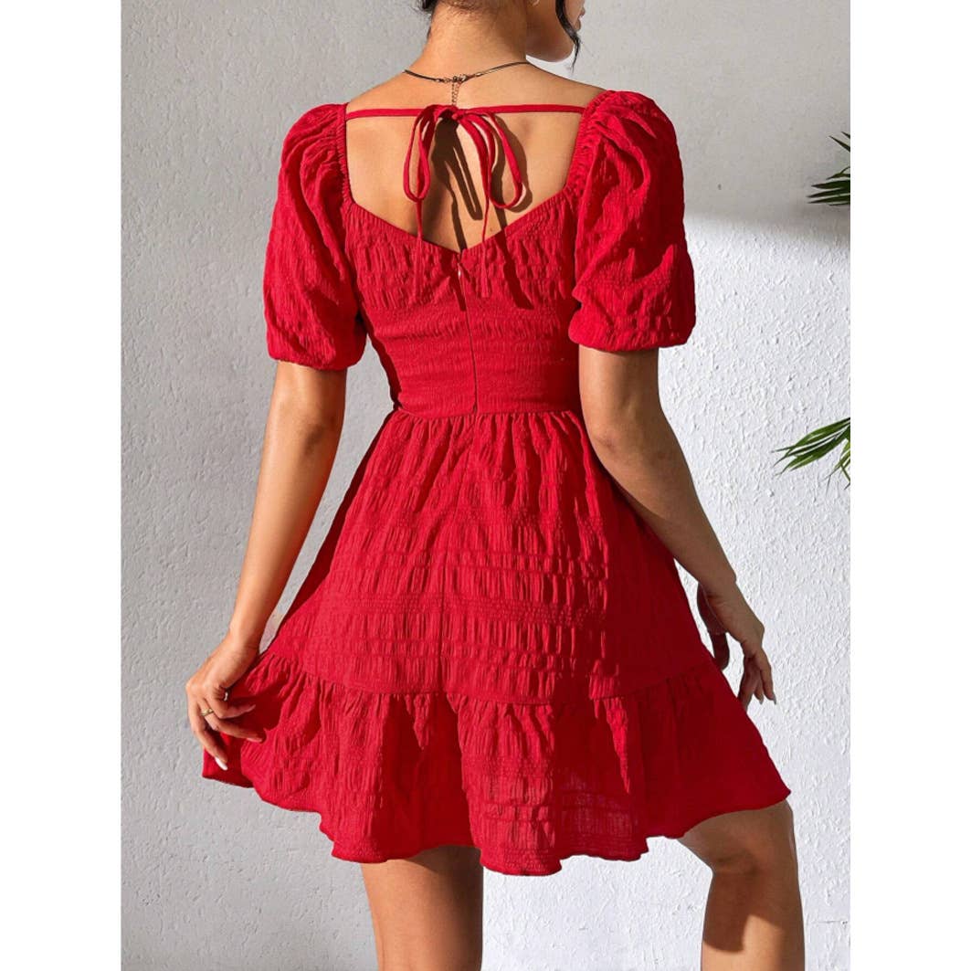 Solid-Color Square-Neck Short-Sleeved Dress