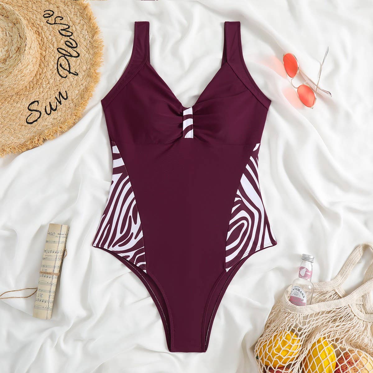 Womens Zebra Striped One Piece Swimsuit