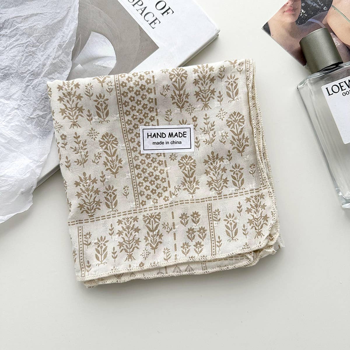 Floral Cotton Linen Square Scarf For Women_Cwasc1413