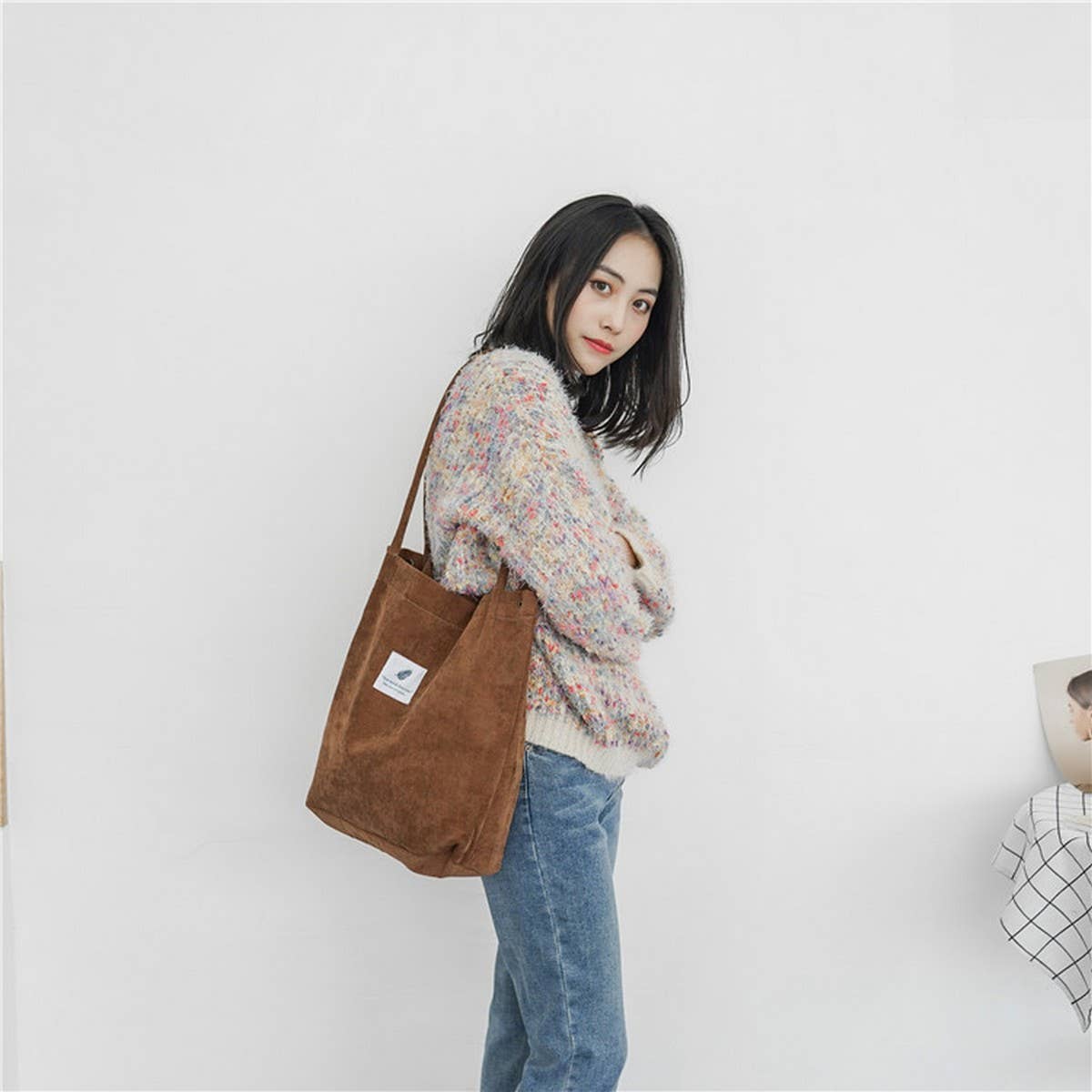 Cwab3911_Corduroy Snap-Button Large-Capacity Shoulder Bag