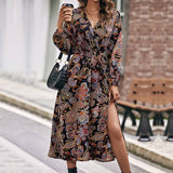 Temperament Long-Sleeved Slit Print Slim Dress