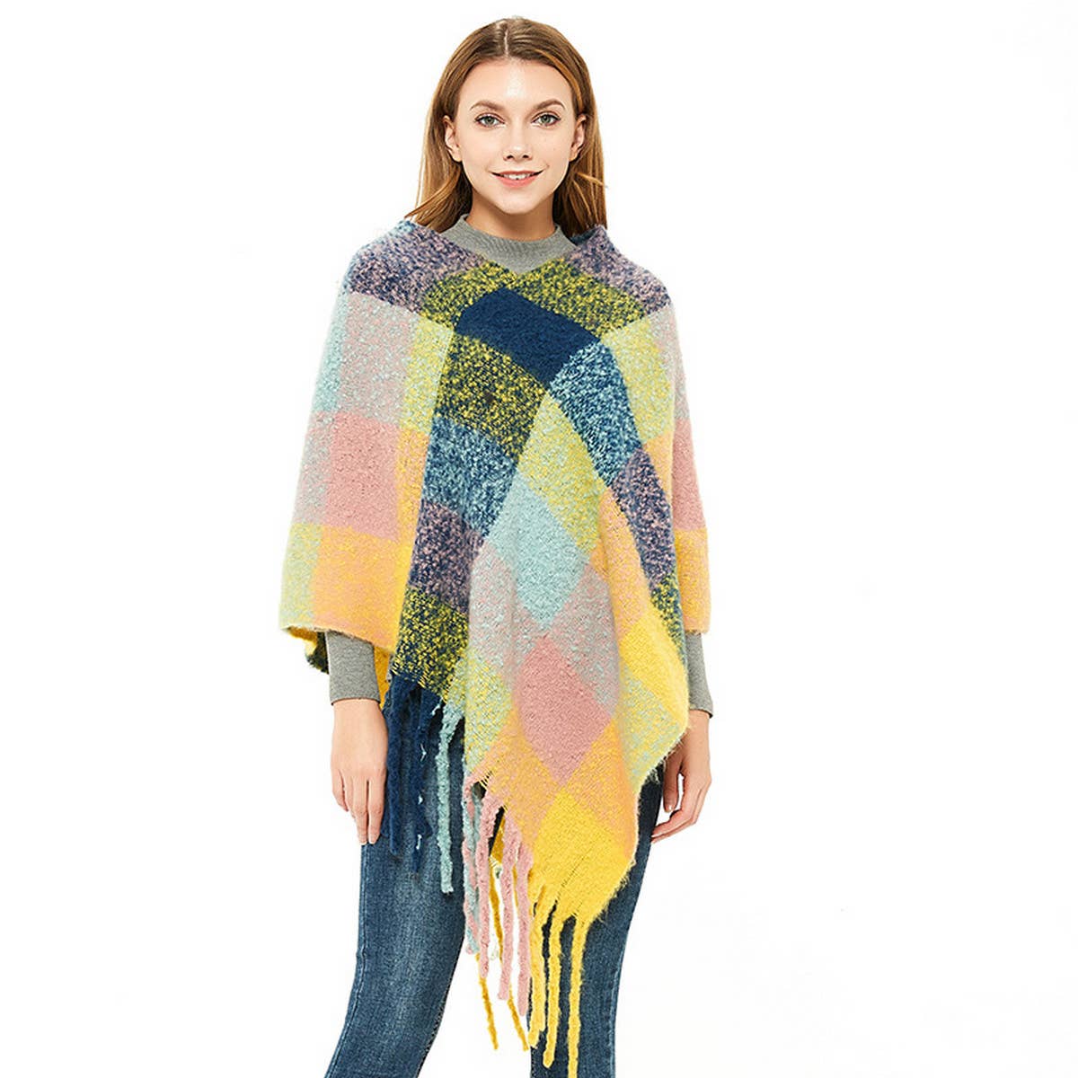 BOUCLE YARN THICK TASSEL COLORFUL PLAID SHAWL_CWASC1208