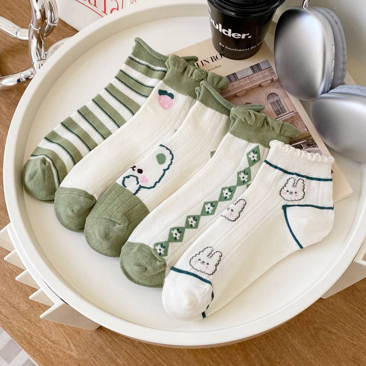 NEW WHITE AND GREEN LACE BOAT SOCKS FOR WOMEN_CWMS2024