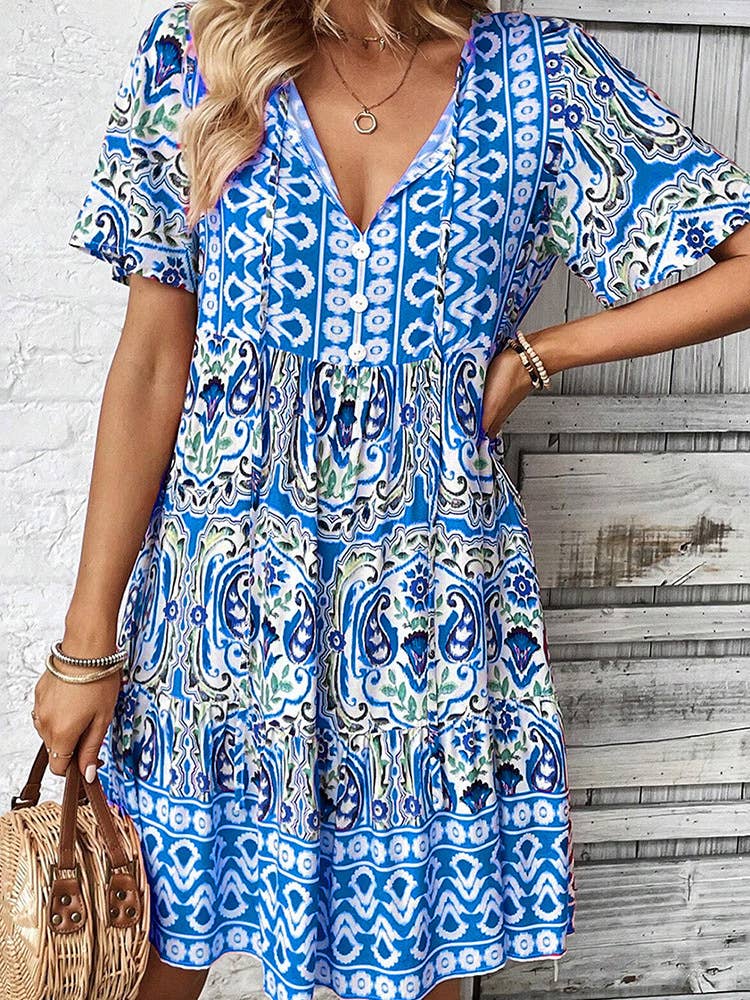 Stylish Loose Boho Print Mid-Length Dress