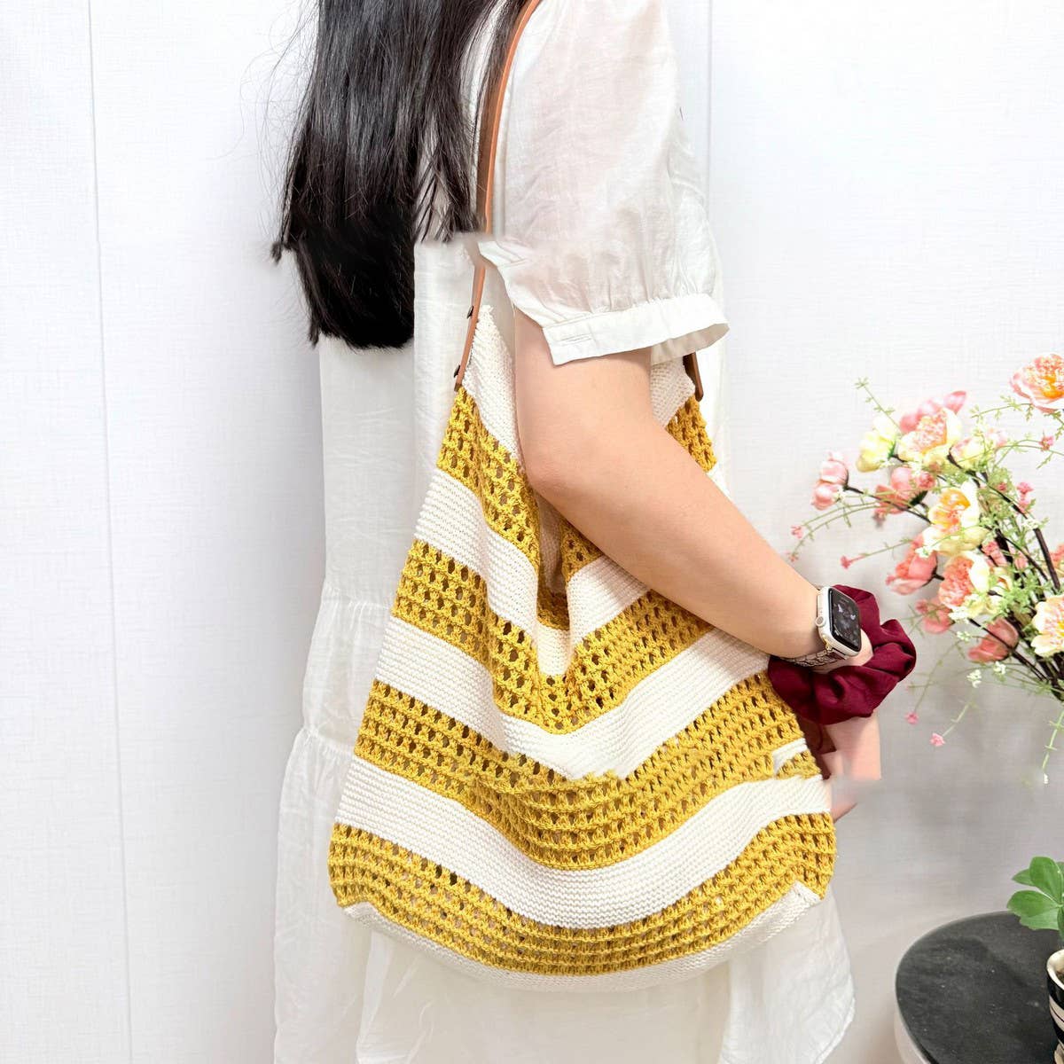 Cuab00330_2025 Striped Tote Bag Large Woven Vacation Bag