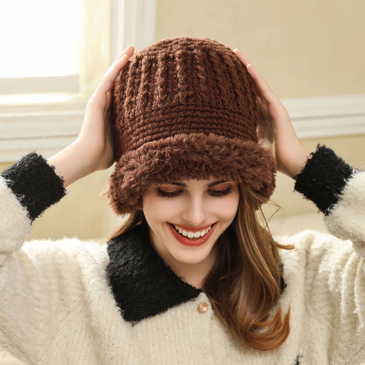 PLUSH FUZZY KNIT BUCKET HAT WITH EAR COVERAGE_CWAH1979