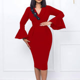 V-Neck Elegant Trumpet Sleeve Slit Hip Dress_Cwdmd3706